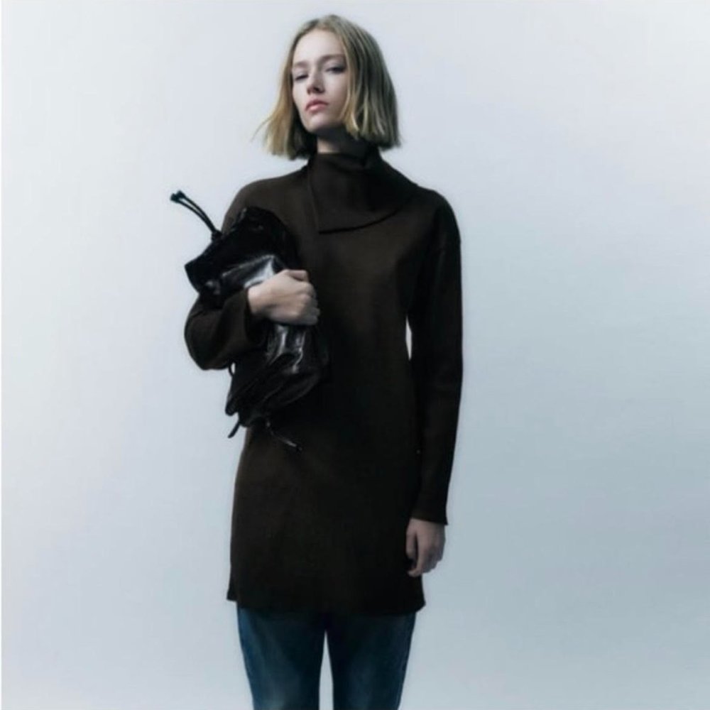 NEW Zara Asymmetrical Collar Long Sleeve Sweater Dress NWT